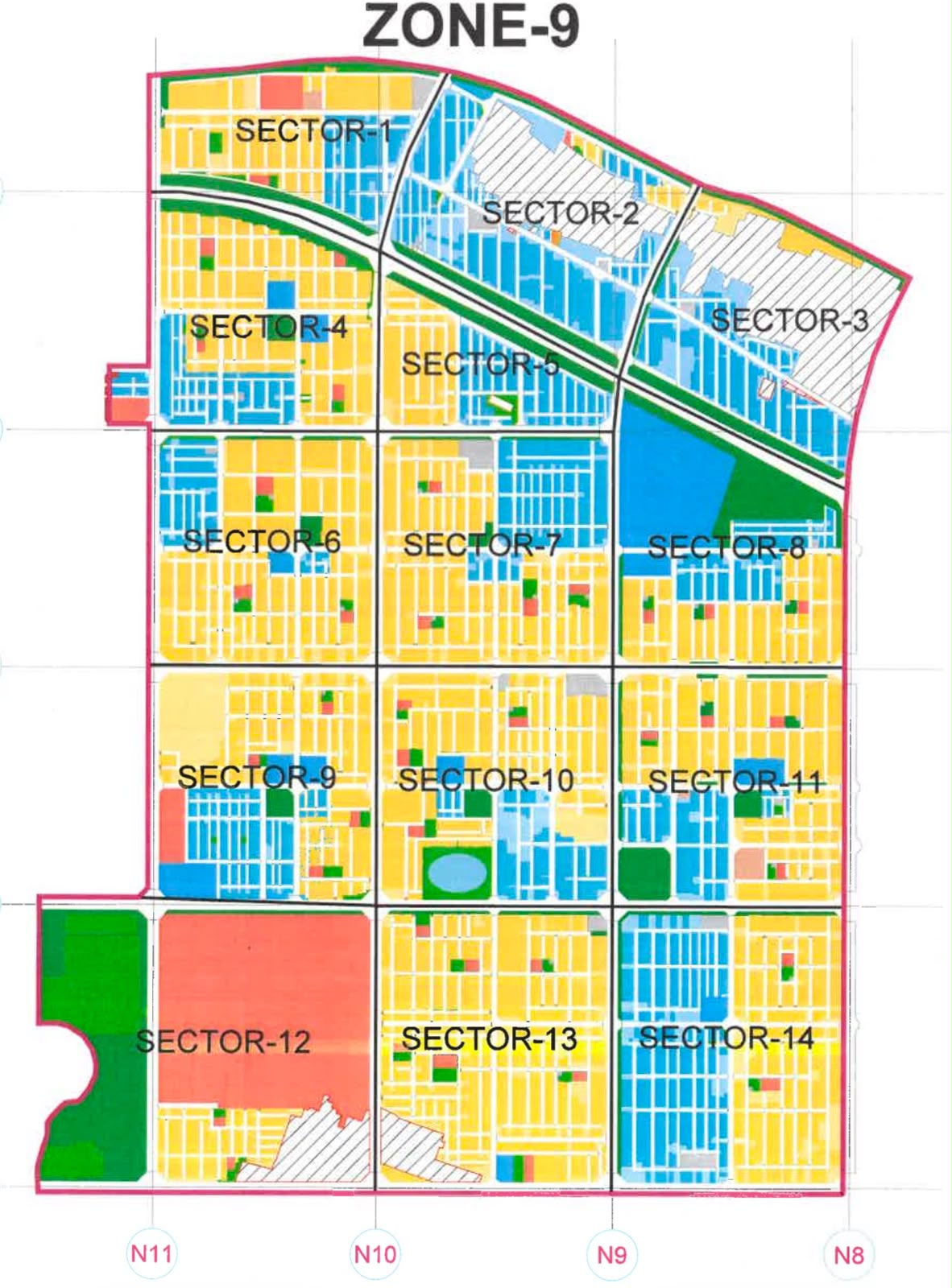 APCRDA Zone-9 layout plan showing Sectors 1 to 14
