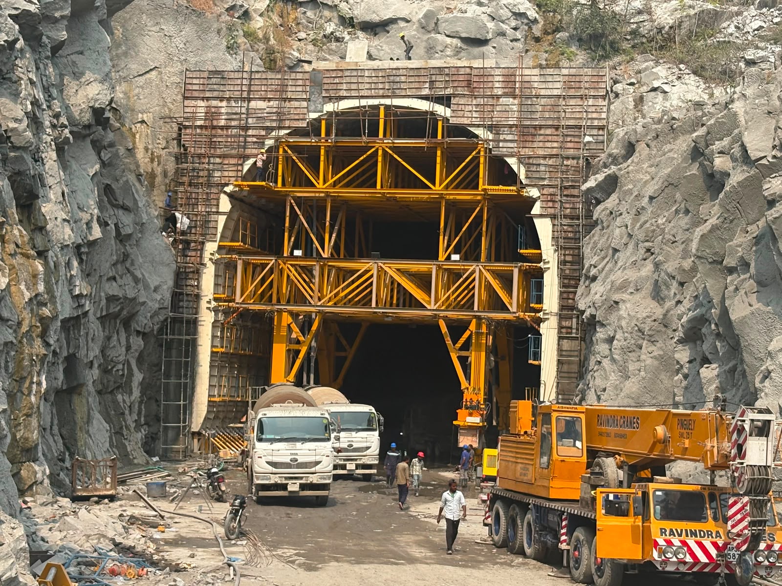 Yellow gantry formwork at the twin tunnel portal, Polavaram